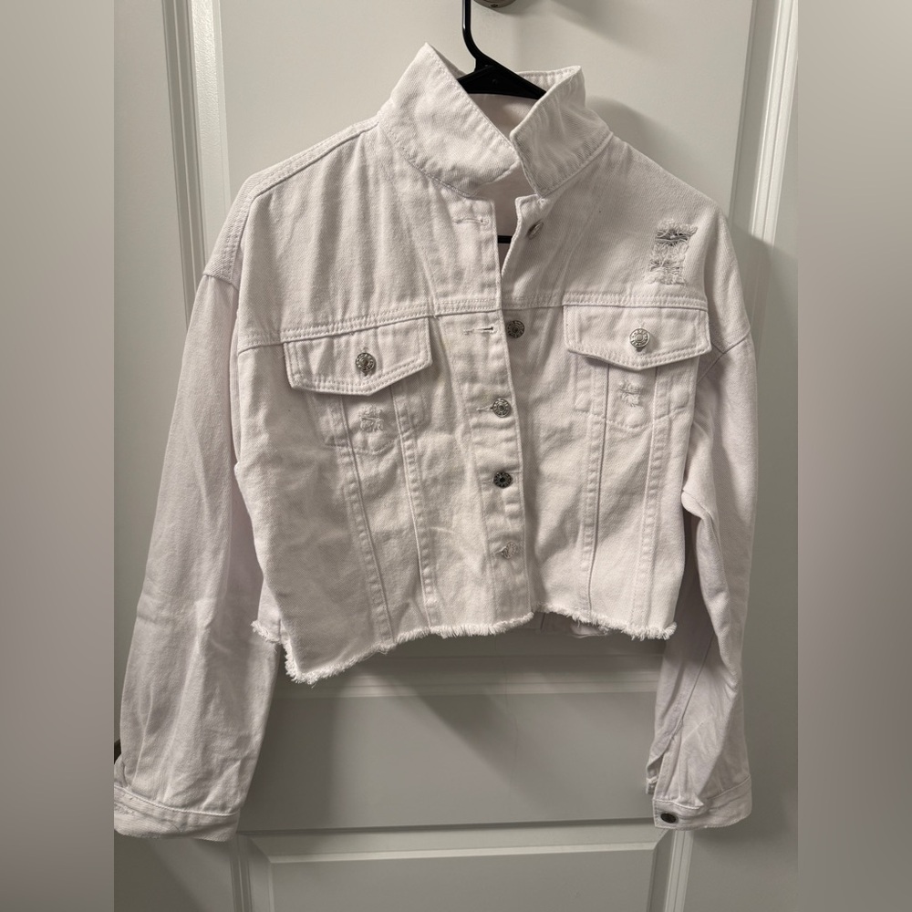 Distressed White Cropped Denim Jacket